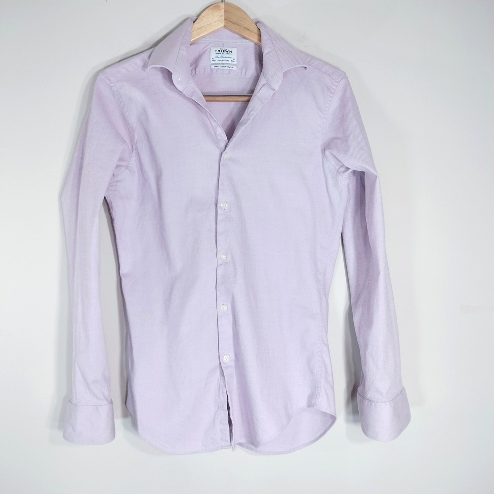 T.M. Lewin Lavender Button Down Shirt; Super Fitted Stretch Cotton Long Sleeve